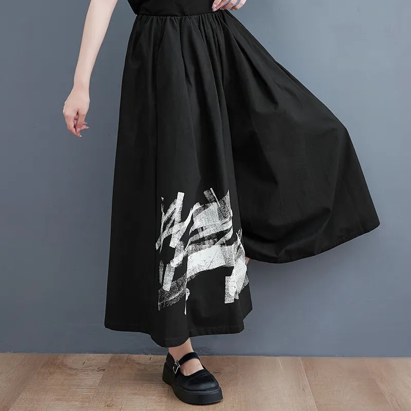 Japan Yamamoto Dark Style Black Summer Wide Leg Pants Print Fashion Women High Waist Casual Pants Culotte black One Size