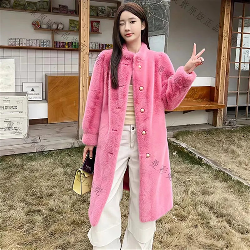 Long Faux Fur Coat for Women, Turn-down Collar, Loose Thicken Warm Teddy Jacket, Female Clothes, Winter, New, 2024 Pink