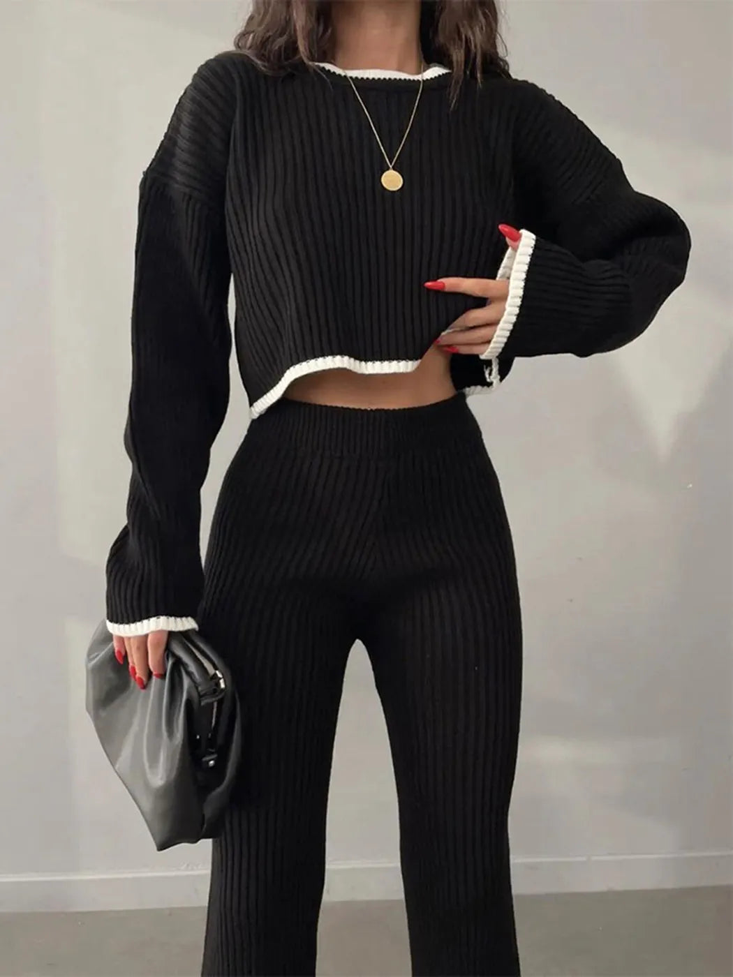 スプリット女性ニットスーツ O ネック長袖クロップドセーター弾性ハイウエスト冬 2 個セット女性のための 2023 カジュアル衣装