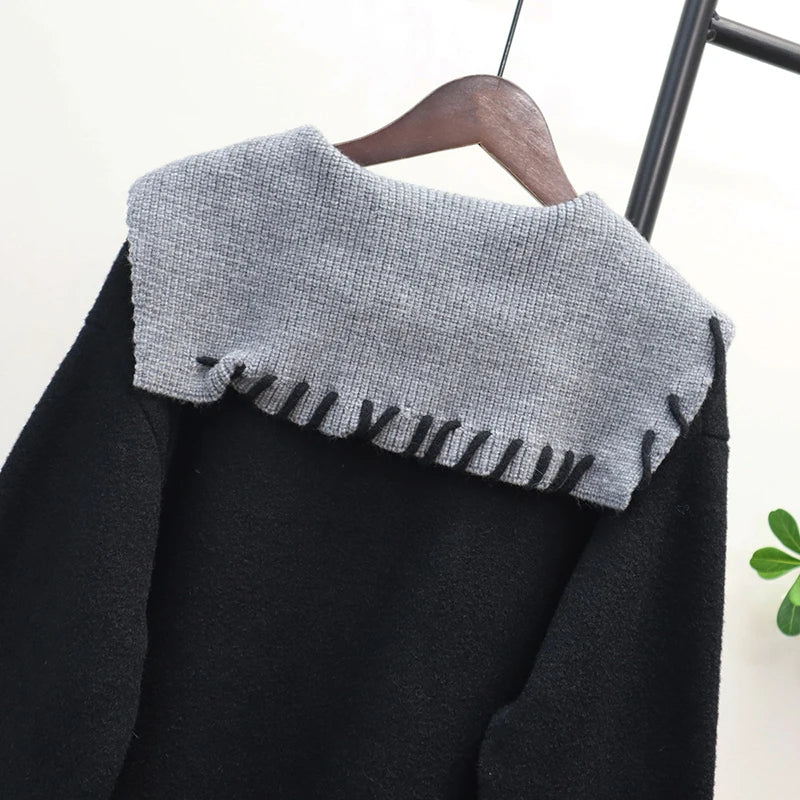 Autumn Winter New Loose Contrast Color Design Knitted Double-Sided Cardigan For Women Sweater Jacket Female 11A07624