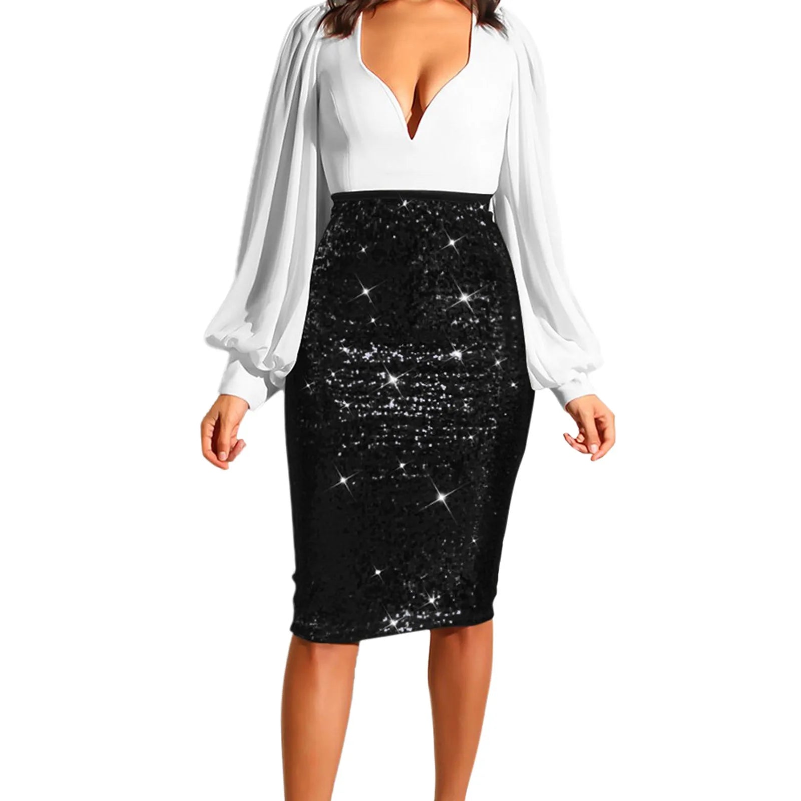 Sexy Shiny Sequin Skirt Women High Waist Glitter Gold Silver Stretchy Pencil Skirts Ladies Knee Length Party Club Midi Skirt Black