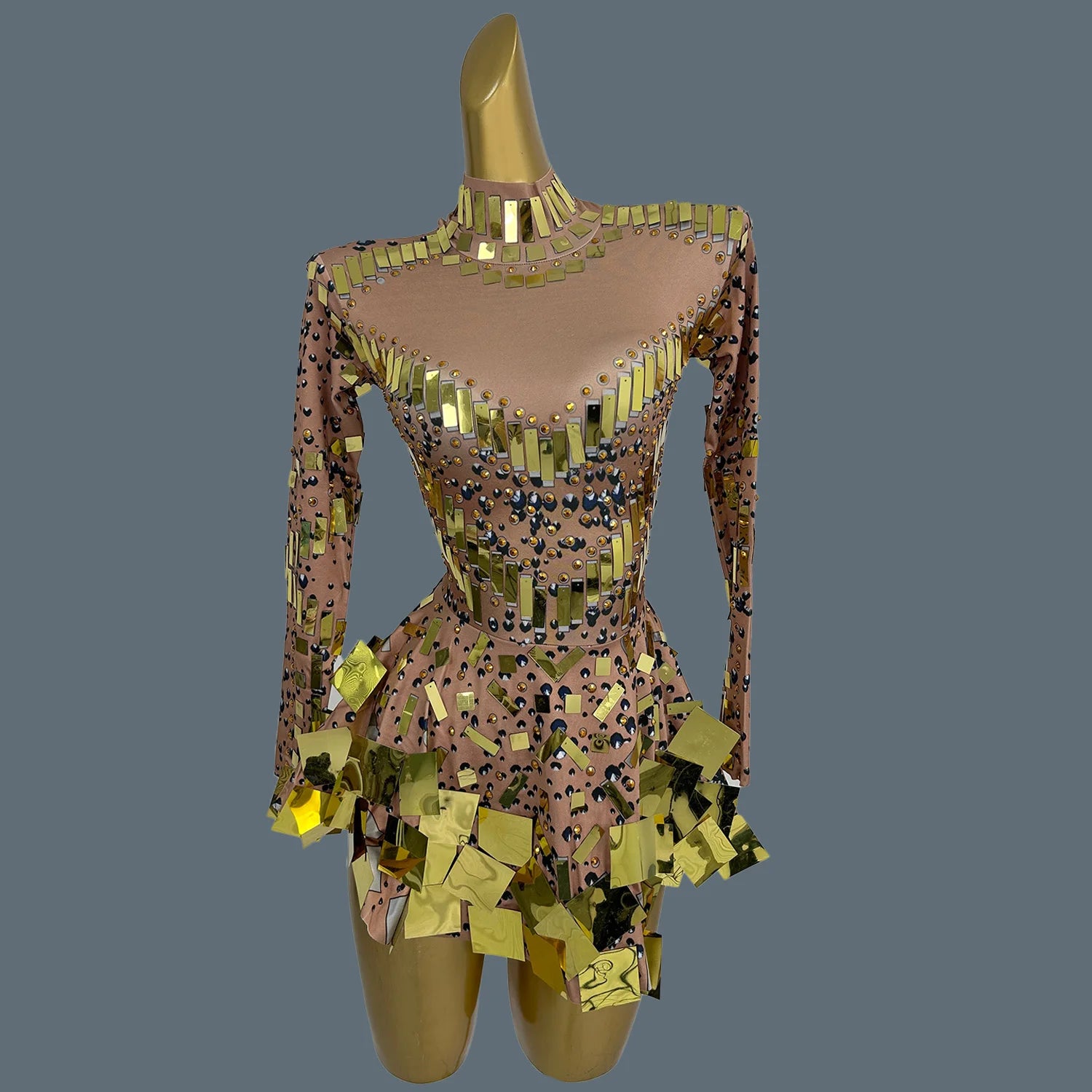 Fancy Sequins Pleated Mini Dress for Hot Girls Bar Nightclub Stage Show Outfit Dance Performance Wear Dance Troupe Outfit Xieshi Nude Gold One Size