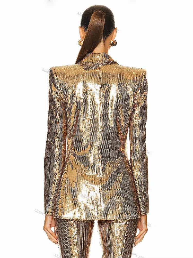2025 New Autumn Golden Sequins Women Long Sleeve Deep V-Neck Slim 2 Pieces Women's Set Elegant Evening Party Cocktail Wear