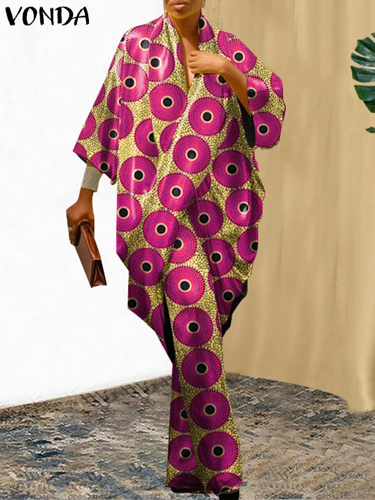 Plus Size 5XL VONDA Women Pants Sets Vintage 3/4 Sleeve Elastic Waist Tops+Trousers Casual Pleated Wide Leg Pants Elegant Suits