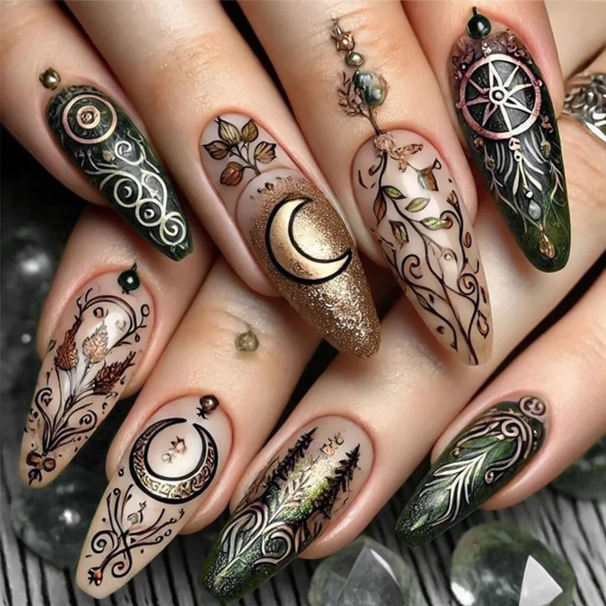 24pcs/set medium long fake nails square ballet nail tips glitters starry sky moon star feather design press on false nail art 1831