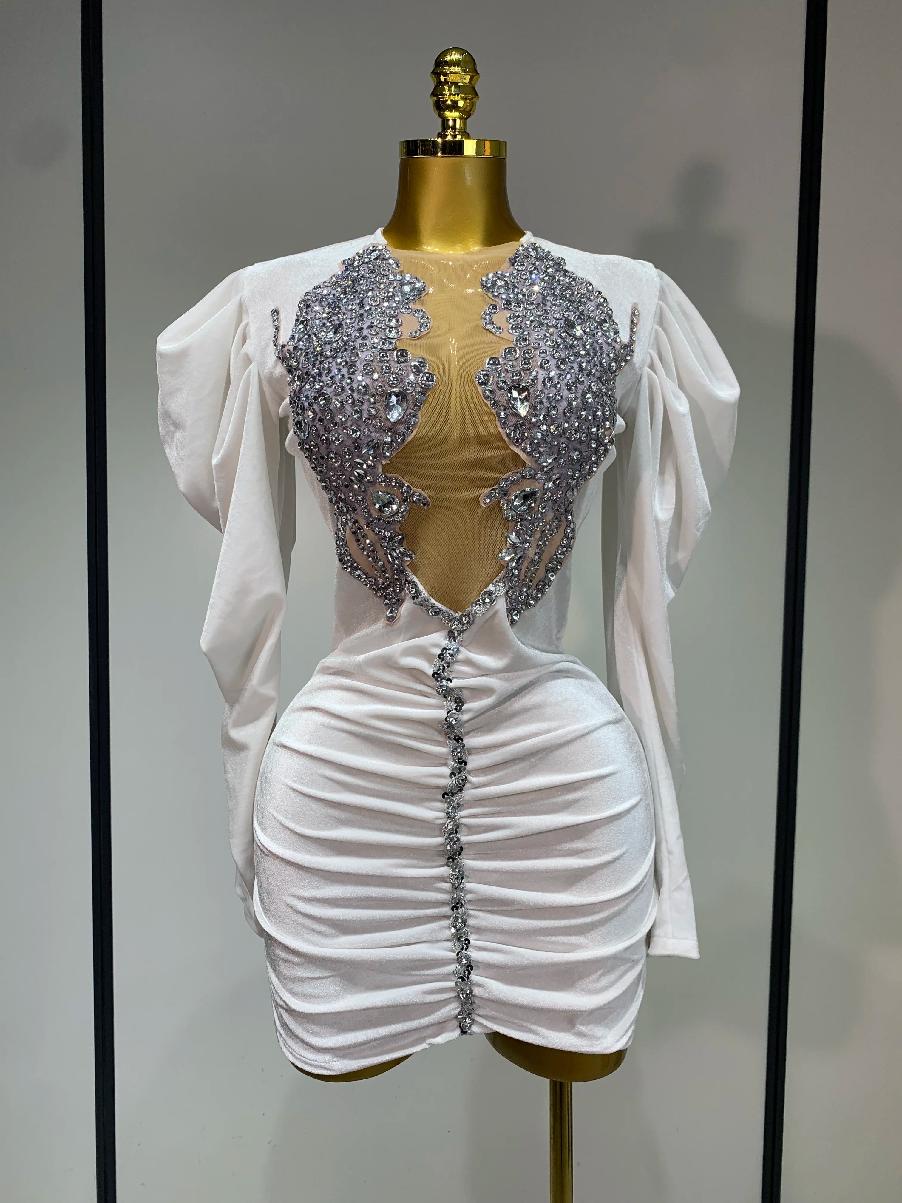 Luxury Birthday Dress Sparkly Crystals Sexy Mesh Velvet Short Dress 2025 Women Elegant Evening Party Nightclub Stage Costume WHITE