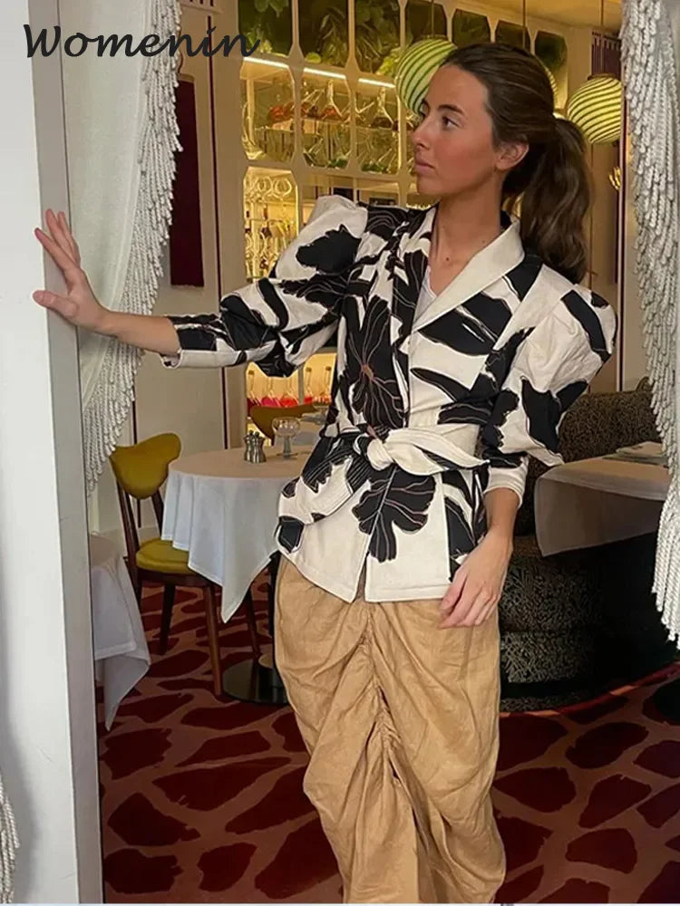 Fashion Flower Print Belt Women Shirts Spring Summer Elegant Slim Lapel Puff Sleeve Blouses Vintage Lady Office Streetwear