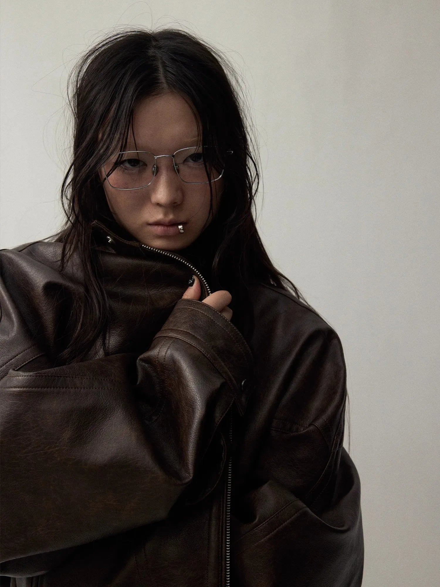 Lautaro Autumn Cool Handsome Distressed Brown Oversized Pu Leather Jacket Women Zippper Stand Collar American Retro Clothing