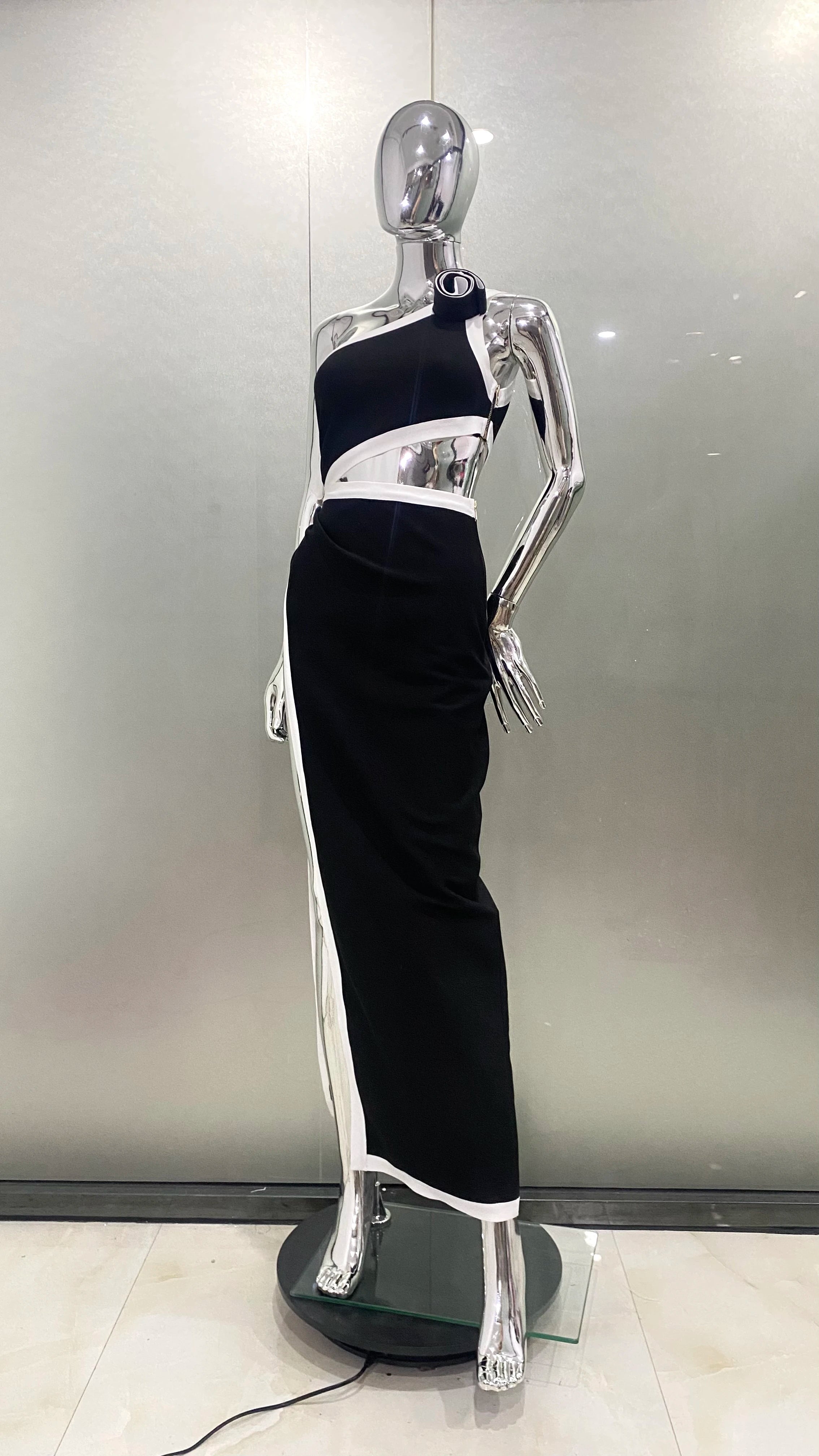 2024 New Summer Wpmen Sexy One Shoulder Florals High Split Bodycon Long Bandage Dress Celebrity Photo Shoot Evening Party Dress black