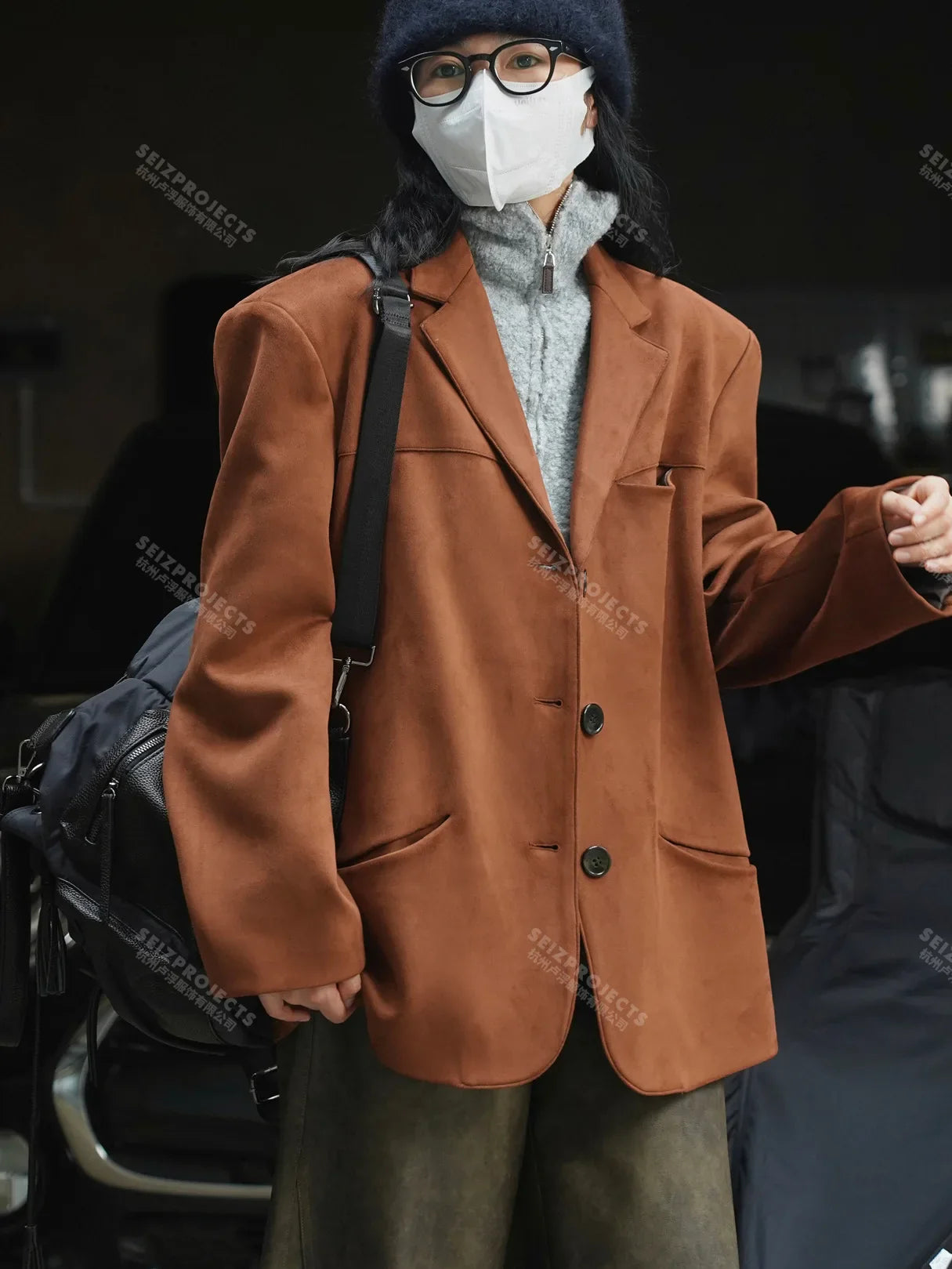 Winter Curved Pocket Oversized Blazer Suede Jacket Brown Green Loose Straight Coat For Women