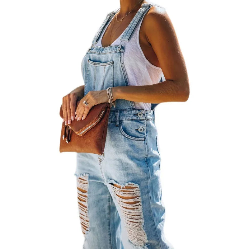 Casual Ripped Denim Jumpsuit Women's Fashion Slouchy Loose Pocket Slim Solid Color Blue Strap Jeans For Women Trousers Work Clot