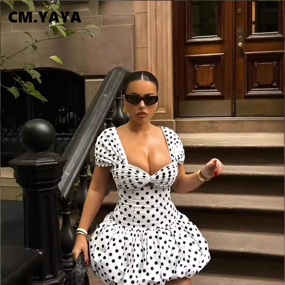 Women Dot Printed Draped Big Swing Waist Dress 2025 Short Sleeve Evening Sexy Club Party Evening High Street Dresses