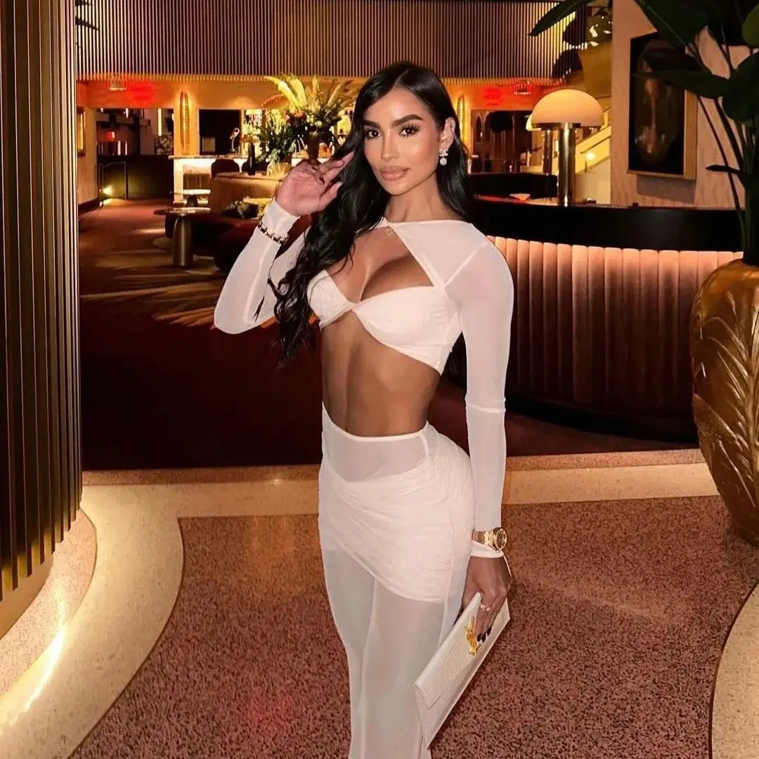 New Spring Mesh See Through Women Set Sexy Hollow Out Short Top And Flare Pants 2 Pieces High Stree Wear Evening Party Vestido