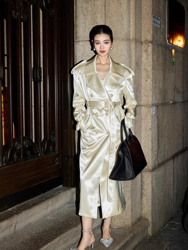 Lautaro Spring Autumn Long Shiny Flowy Soft Satin Trench Coat for Women Belt Double Breasted Elegant Luxury Designer Closthes pearl color