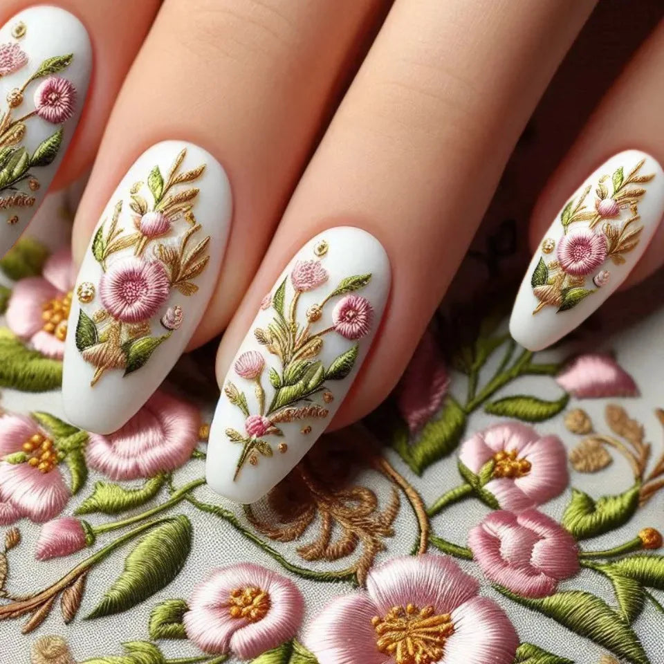 24Pcs Mid-length Ballet False Nails Press on Nails Spring Flowers Fresh Design Fake Nails with Glue Wearable Acrylic Nail Tips 2