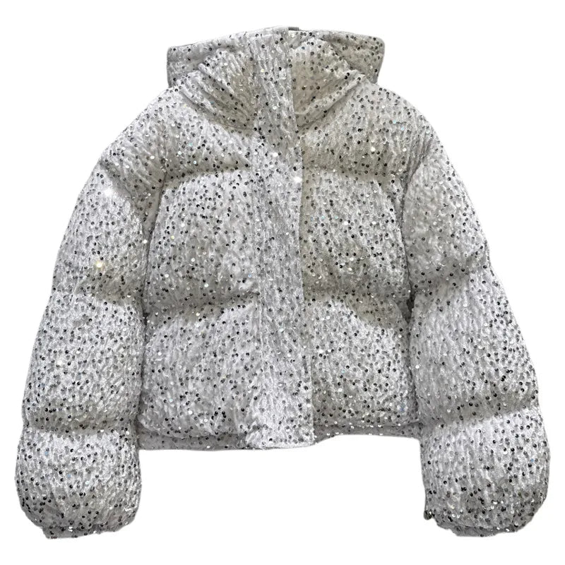 Winter New Trendy Style Silver Sequin Fabric Heavy Industry Hooded Warm Jacket For Women Cotton-padded Coat 11A07657