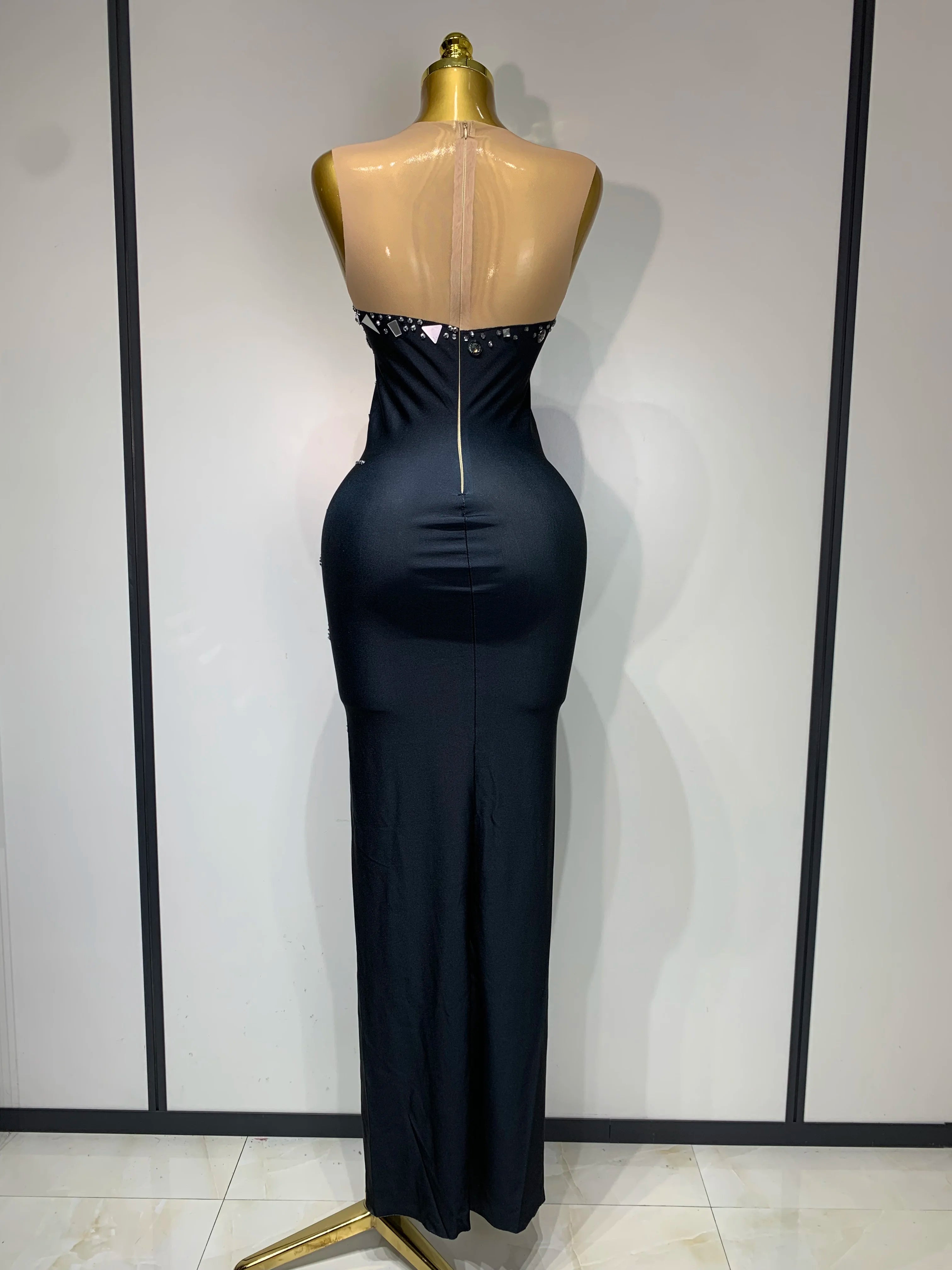 Black bowknot Lens Patchwork Dress Rhinestones Dress Women Party Long Dress Celebrate Evening Prom Dress Stage Festival Outfit