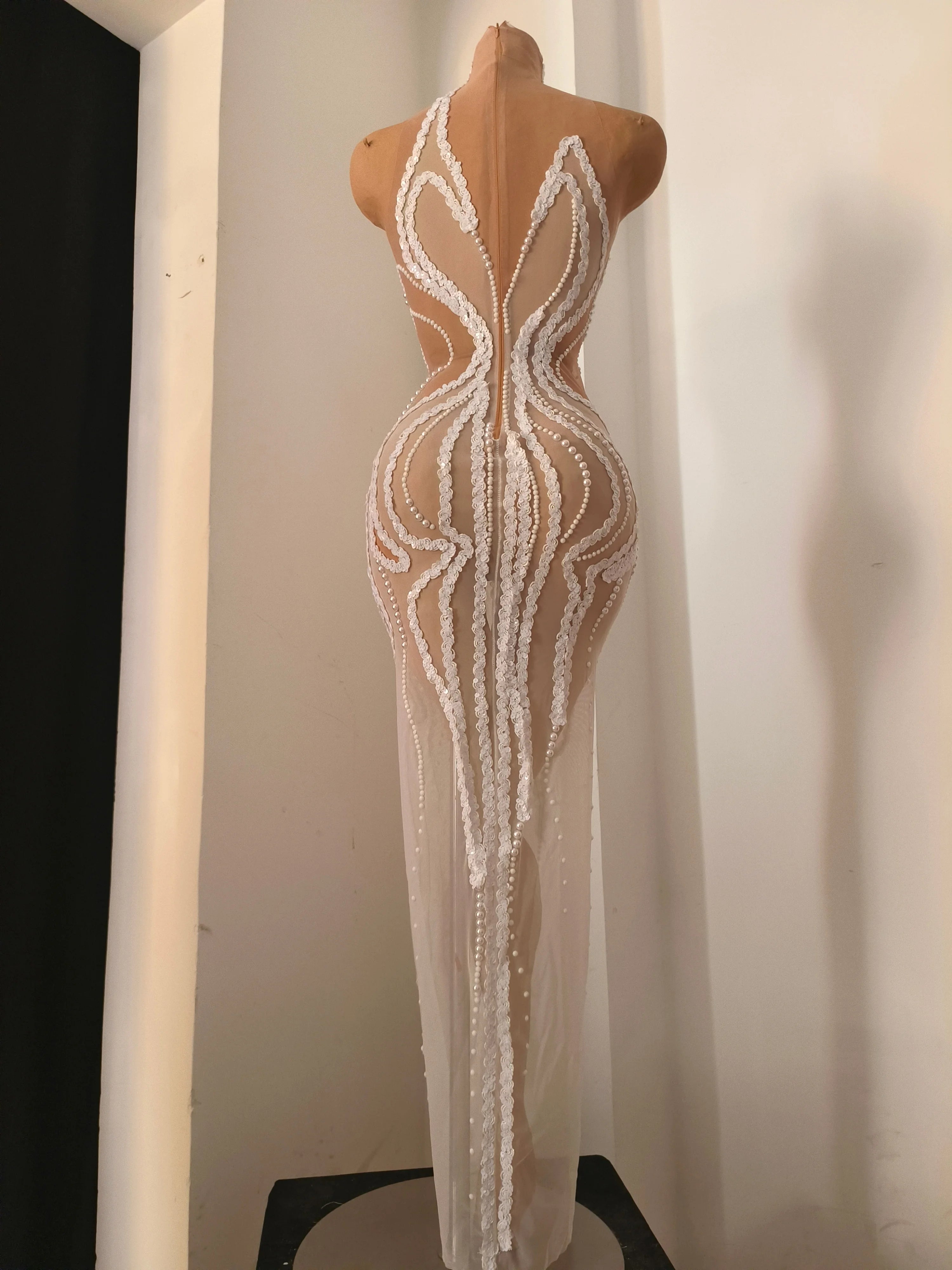 Refined White Sheer Mesh Maxi Dress Women Sexy High Neck Pearl Lace Bodycon Cocktail Nightclub Evening Gala Party Costume