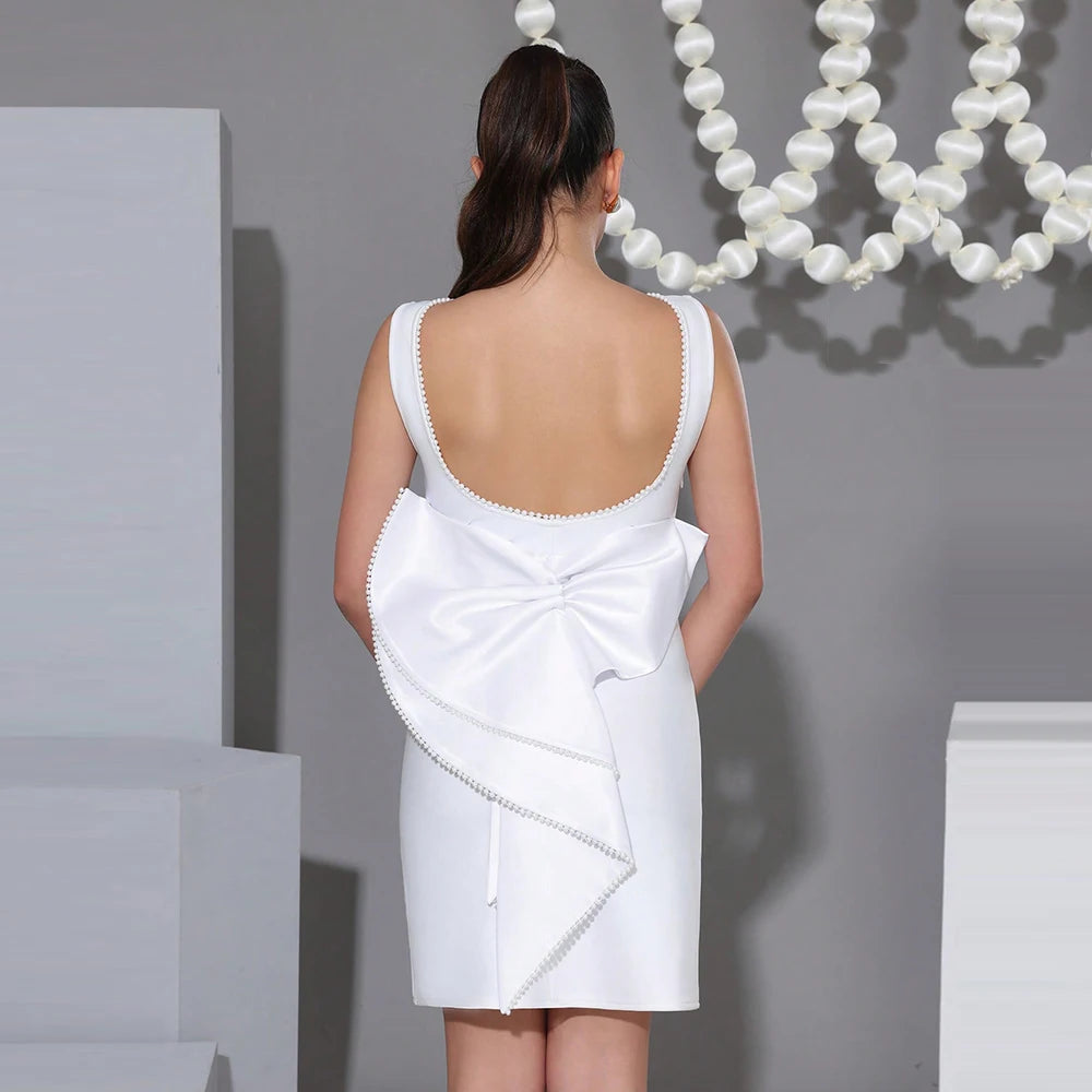 White Backless Pearl Bow Evening Party Dress Bandage Women 2025 Robes Elegant Sexy Dress Bodycon Mini Summer Dress Vestidos WHITE