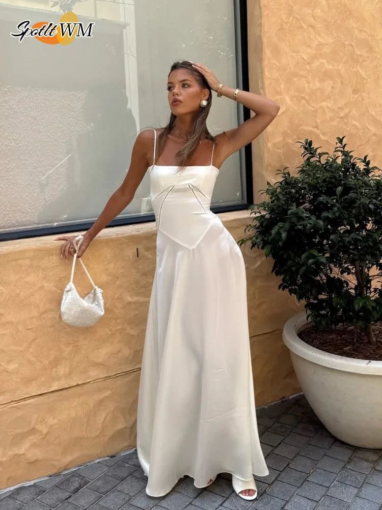 Elegant Solid Satin Ruffles Sling Long Dress Lady Sexy Square Collar Backless Sleeveless Lace Up Robes Chic Women Party Dresses White