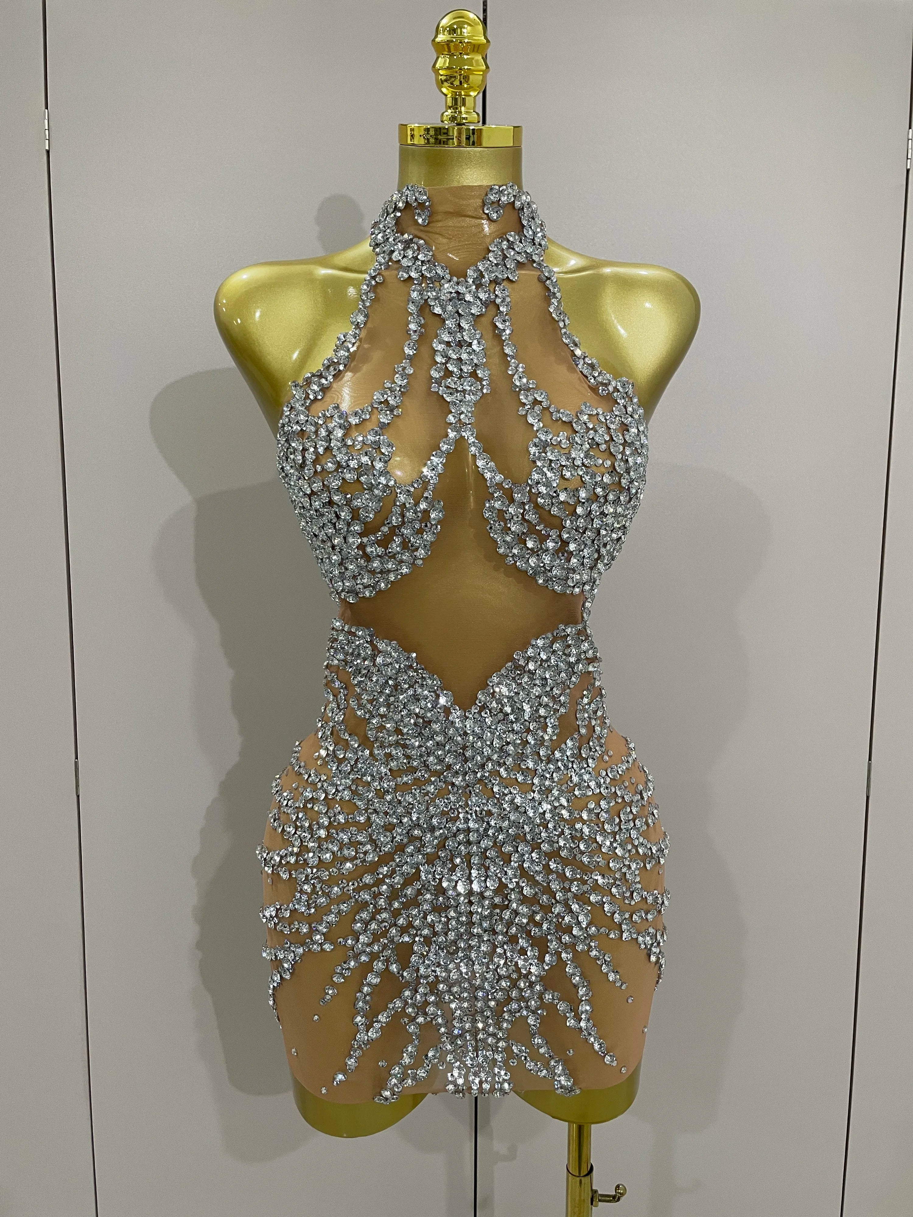 Luxury Sparkle Rhinestones Mesh Transparent Prom Dress 2025 New Women Sexy Birthday Celebrate Party Club Prom Outfit Bar Costume Silver