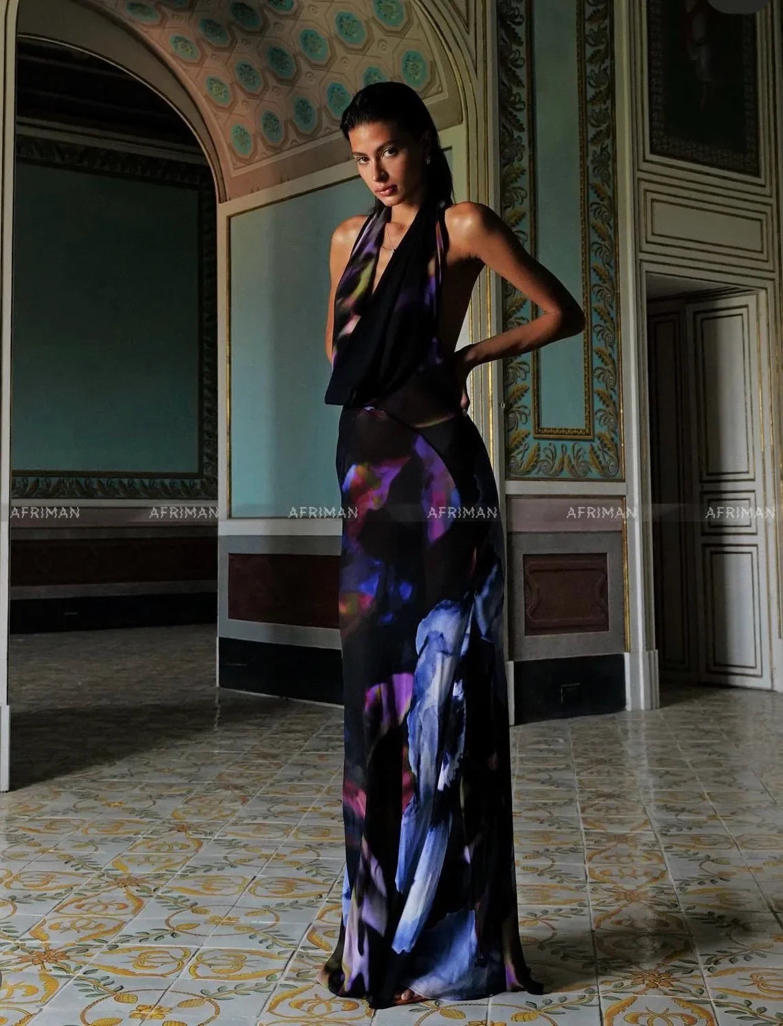 Women New Halo Dye Positioning Print Sexy Backless Hanging Neck V-neck Holiday Wear Maxi Dress for Women