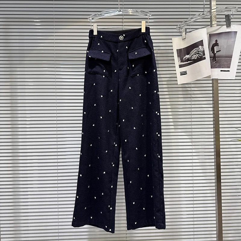 Winter New Fashion Heart Embroidery Woolen Quilted Jacket High Waist Straight Pants Women's Two-pieces Set 11A07556