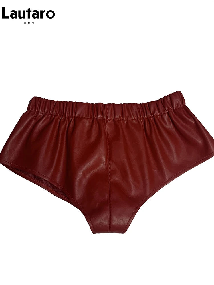 Lautaro Summer Soft Red Faux Leather Shorts for Men Elastic Waist Luxury Designer Emo Clothes Mens Underwear Sexy Thong 2025