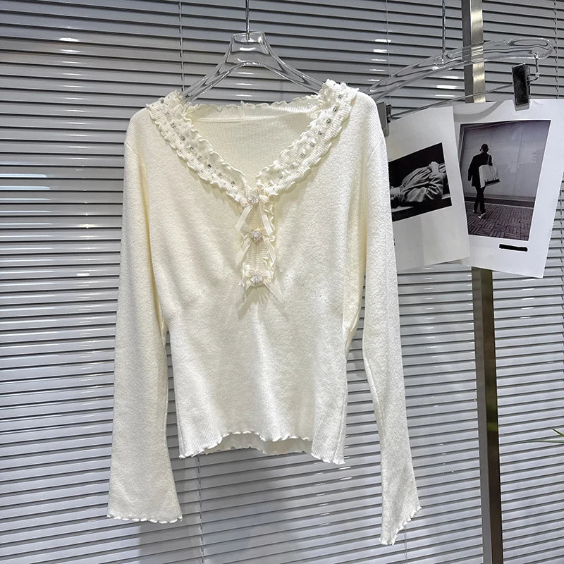 Winter New Sweet Fashion V-Neck Lace Rhinestone Elastic Knitted Sweater For Women Slim Fit Pullover Female 11A07928 Creamy-white One Size