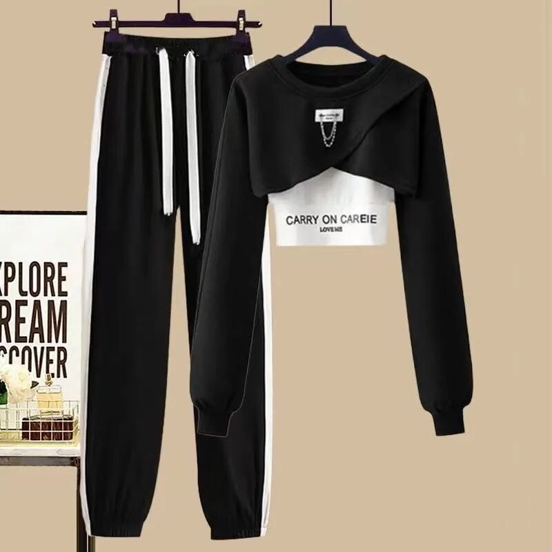 Women's Tracksuit Suit 2024 Spring Autumn New in Matching Sets Korean Fashion Short Sweater+Sport Sling+Trousers Three Piece Set