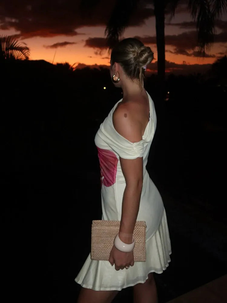 Lady Irregular Pleat Hem Print Dress Fashion Off Shoulder Ruffle Hem Mesh High Slit Vestido Summer Church Dresses For Woman 2025