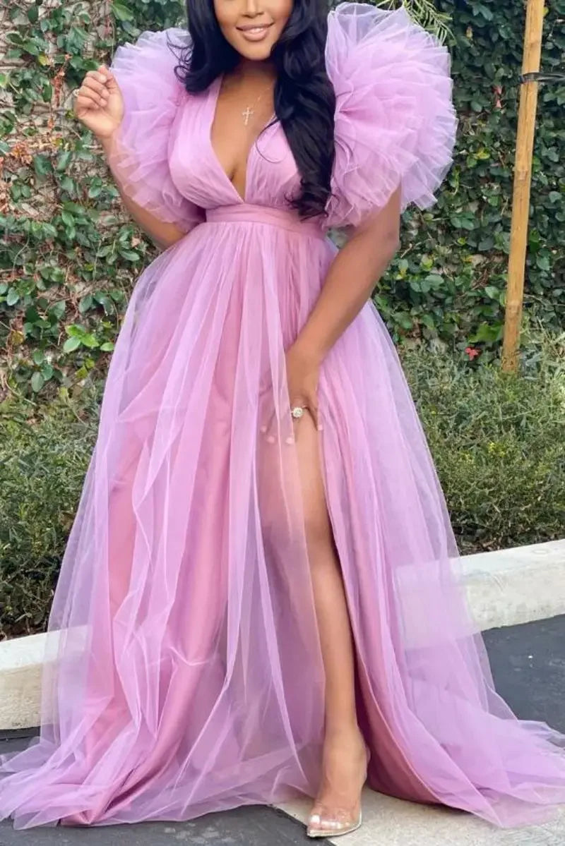 Women Cascading Ruffles Shoulder High Side Split Mesh Patchwork Maxi Long Dress 2023 sexy even Party Vestidos Dresses Pink