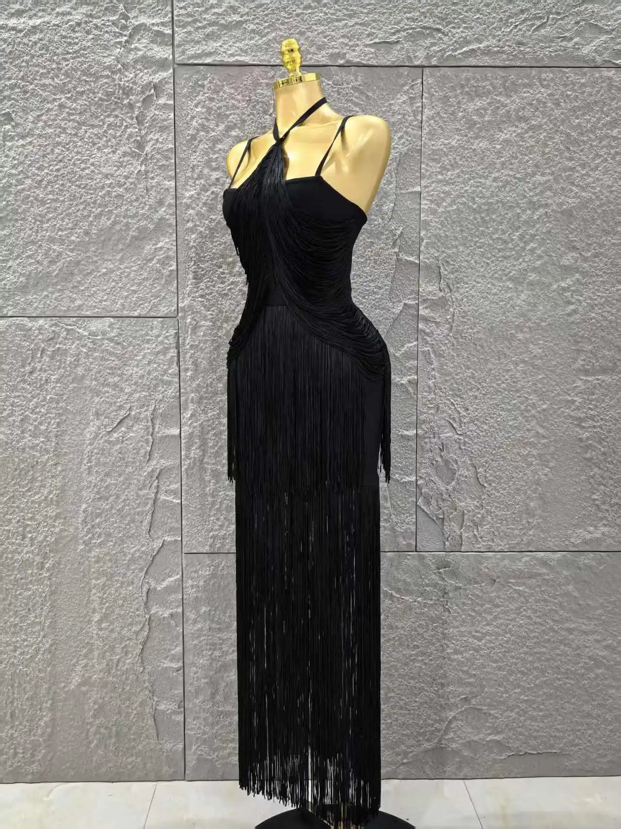 Black Color Women Sleeveless Sexy V-Neck Tassels Bodycon Long Bandage Dress Celebrate Evening Party Cocktail Outfit Vestido