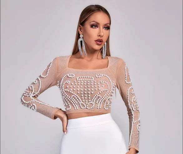 Top Celebrity Black White Two Pieces Set Pearl Beading Hollow Out Rayon Bandage Dress Party Fashion Dress Vestidos tops