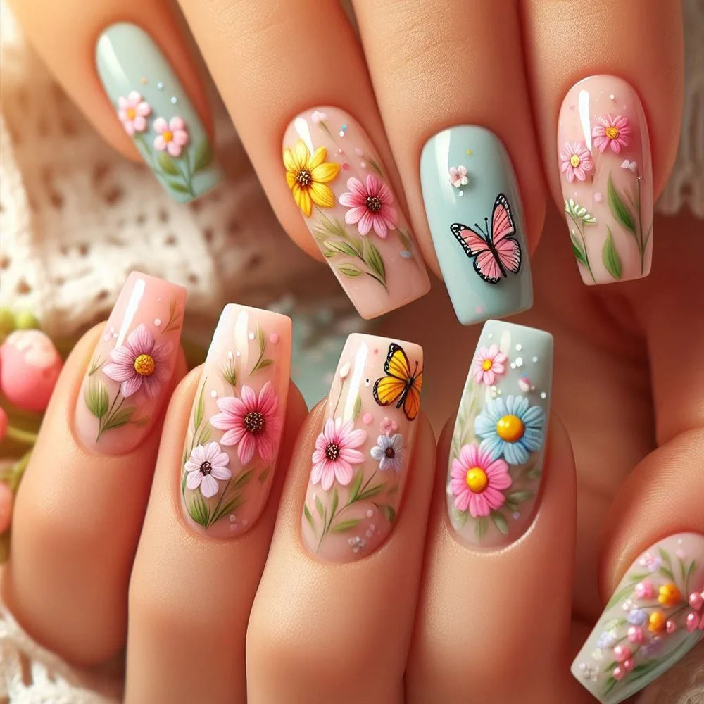 24pcs/set Medium long fake nails square ballet tips flowers butterfly for spring summer season blue green press on false nail 2110
