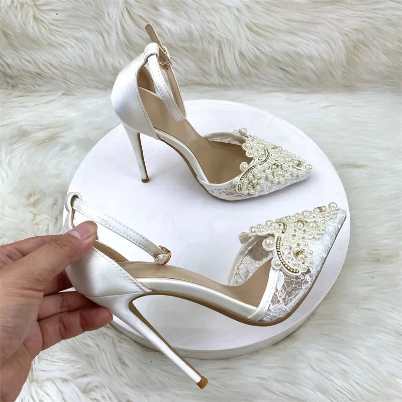 Pearl Mesh Sandals For Women Rhinestones Pointed Toe Lace High Heel Ankle Buckle Strap Fashion Shallow Shoes Plus Size 33-36