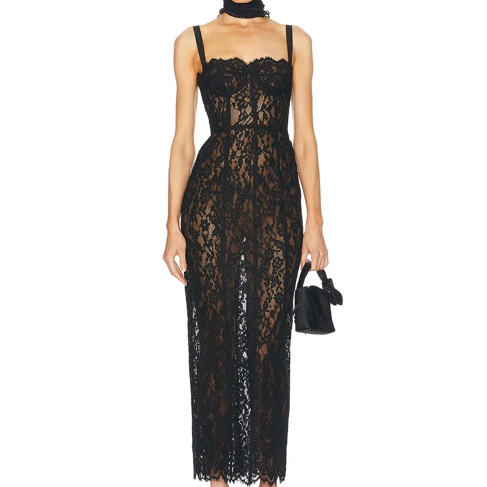 Elegant Lace Spaghetti Strap Long Dress Women Slim Sleeveless Sling Evening Party Gowns 2025 Summer New Female Fashion Robe