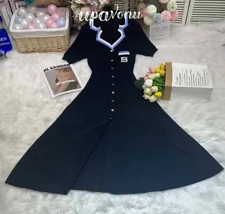 Elegant Women's Slim Fit Knitted Dress Fashionable Polo Neck Short Sleeve Single breasted Design Split Knitted Mid length Dress black