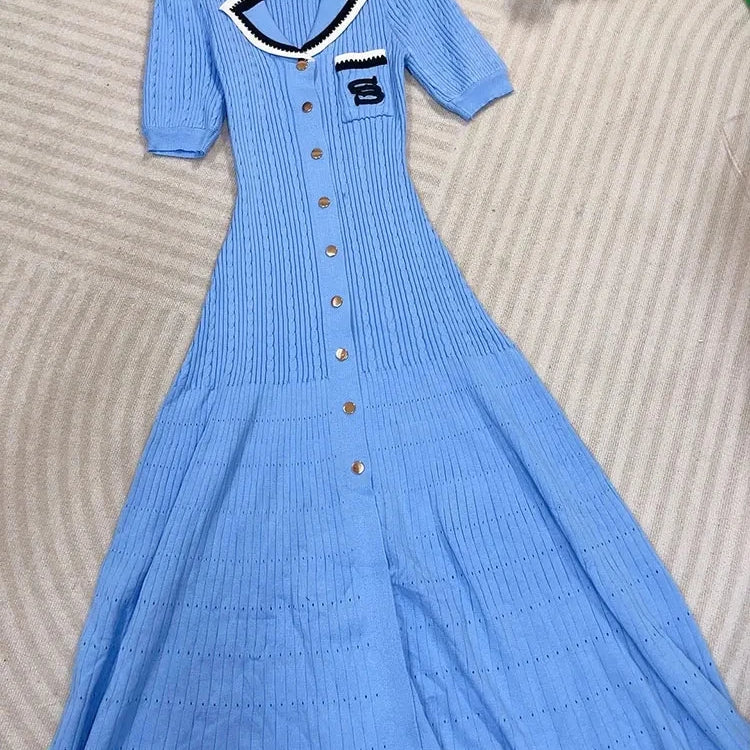 Elegant Women's Slim Fit Knitted Dress Fashionable Polo Neck Short Sleeve Single breasted Design Split Knitted Mid length Dress Short sleeved blue