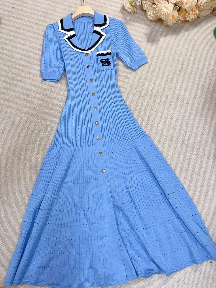 Elegant Women's Slim Fit Knitted Dress Fashionable Polo Neck Short Sleeve Single breasted Design Split Knitted Mid length Dress Short sleeved blue
