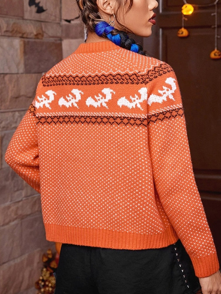 Yangelo Gothic Bat Pattern Knitted Sweater Women Loose Pullover Long Sleeve Street Fashion Sweater Autumn Winter Halloween 2024