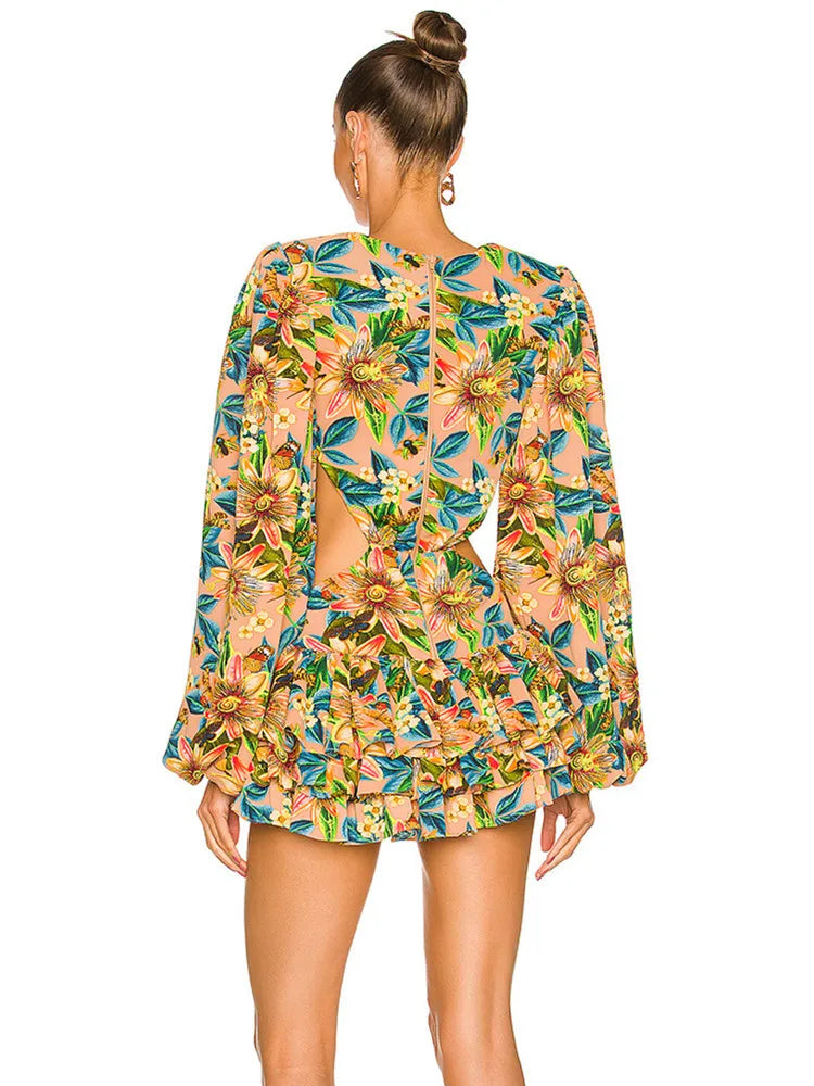 Women Summer Style Sexy Long Sleeve Hollow Out Floral Pleated Mini Bodycon Dress 2022 Elegant Evening Party Dress