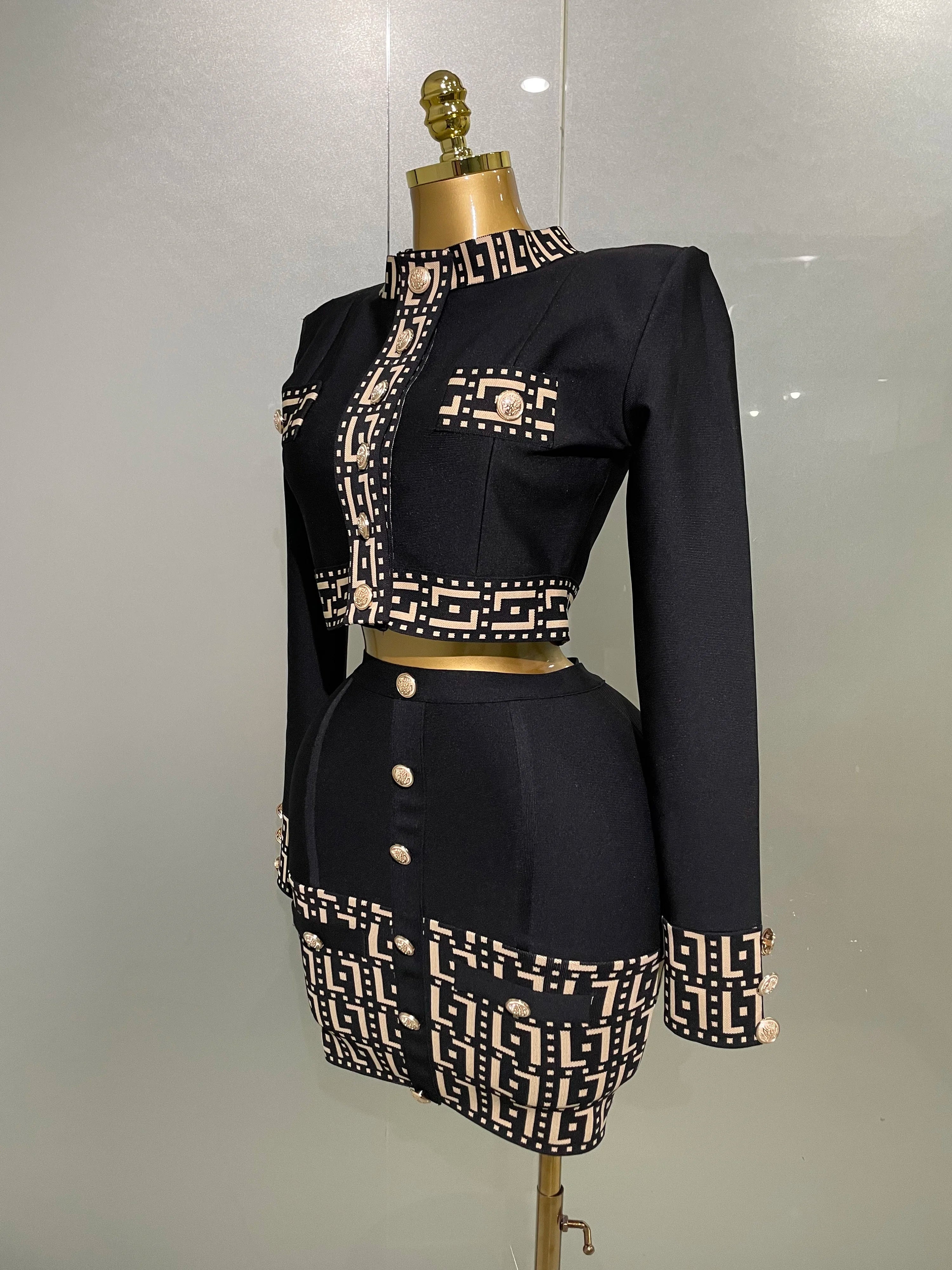 2025New Trendy Black Long Sleeves Two Pieces Bandage Set Button Top Short Skirt Suit Evening Party Women's Outfit Nightclub Wear