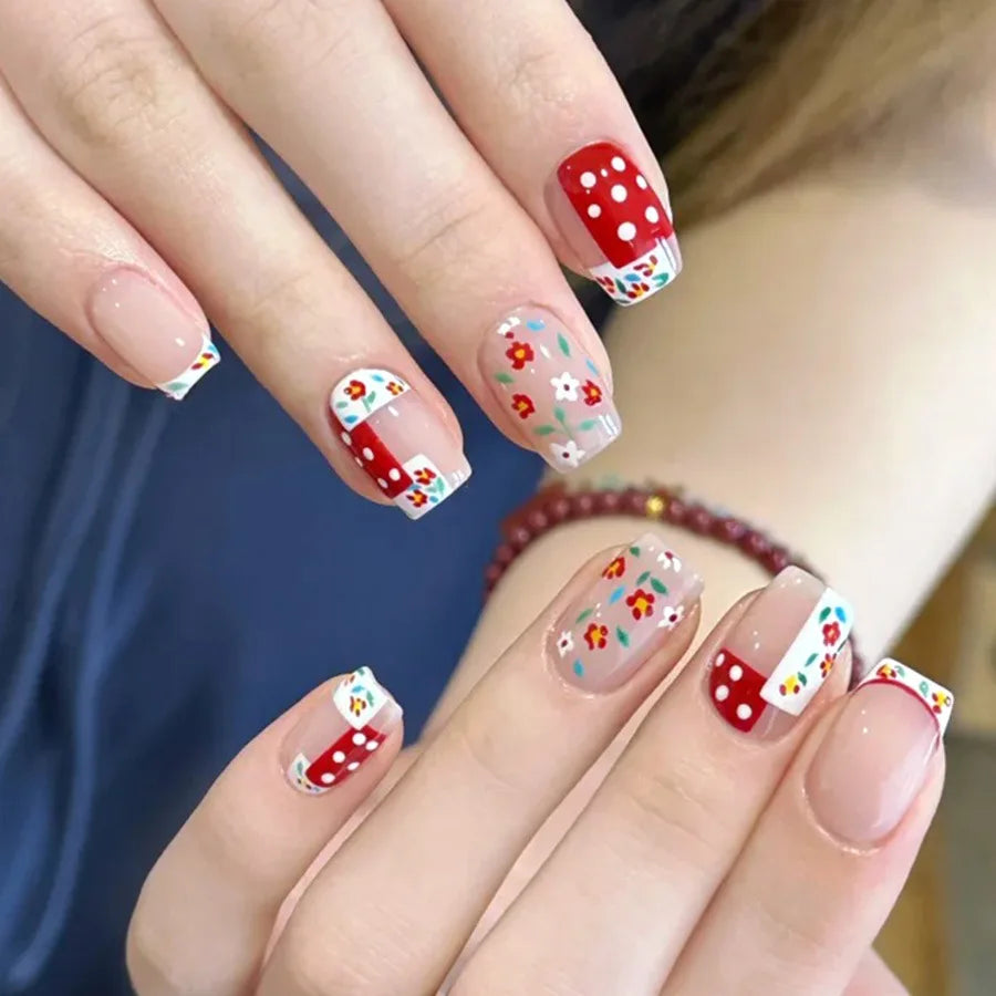 24pcs/set short medium long fake nails Spring flowers flora for St. Patrick's Day faux ongles press on acrylic false nail art 1787