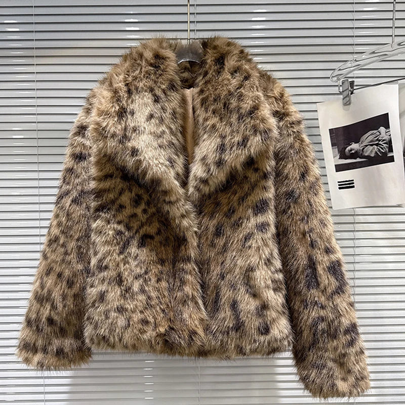 Winter New Fashion Leopard Print Furry Warm Faux Fur Coat For Women Loose Jacket Female Trend 11A07735 Leopard Pattern One Size