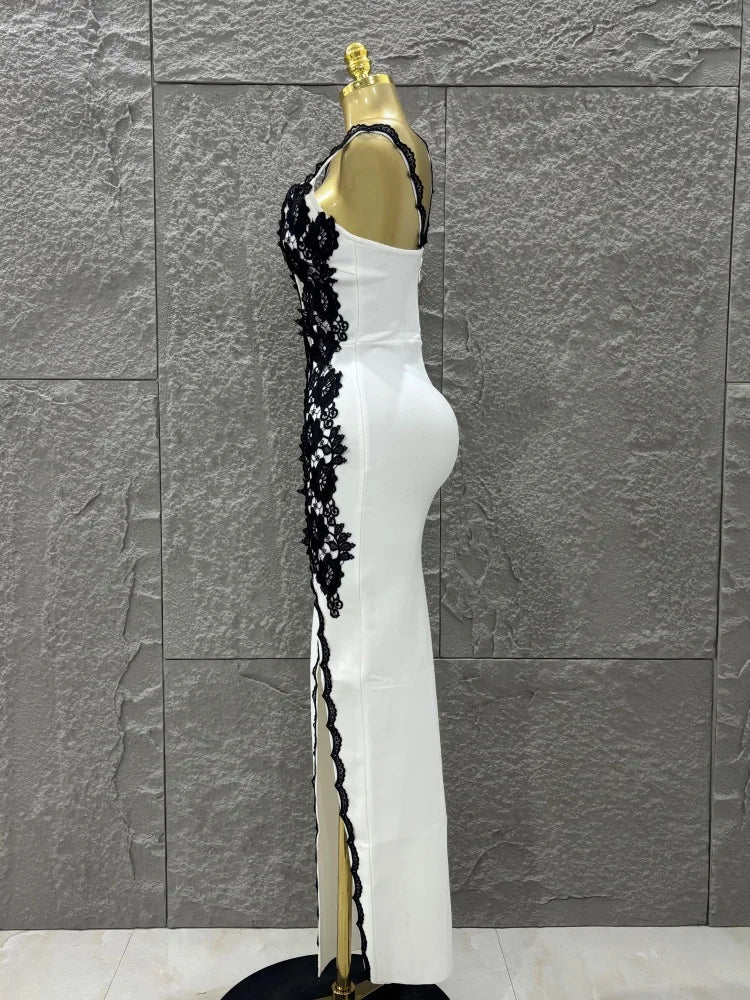 Top Women Sexy One Shoulder Black Lace Bodycon Long Bandage Dress Fashion Celebrate Evening Party Birthday Outfit