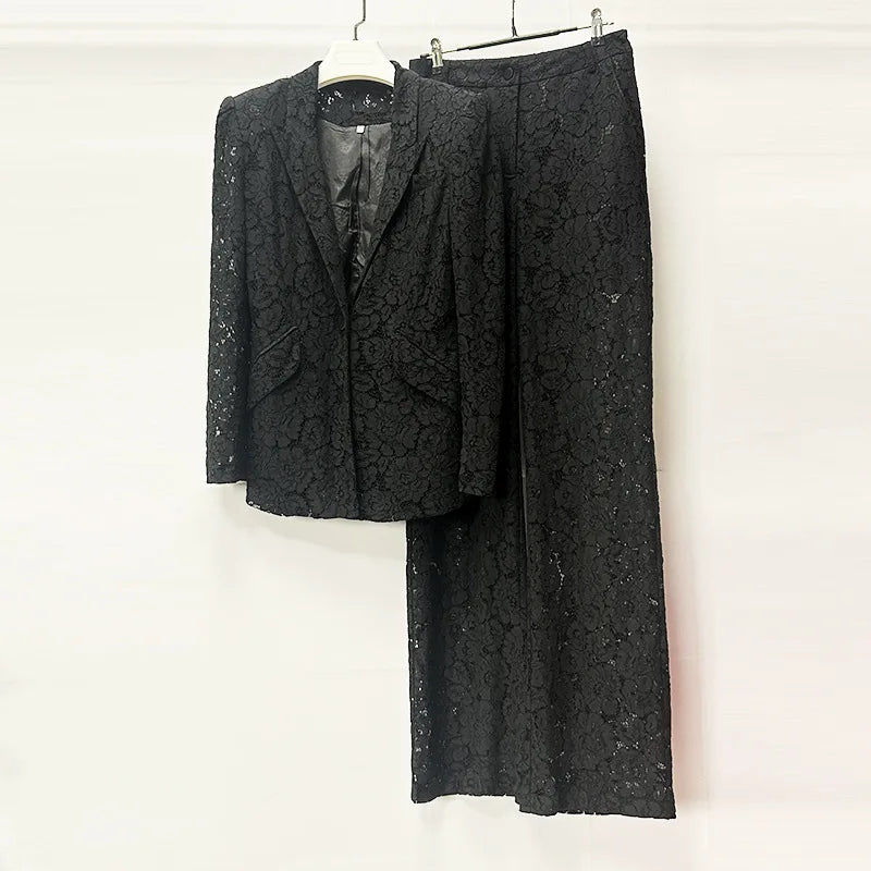 Solid Sheer Spliced Lace Two Piece Sets for Women Lapel Long Sleeves Patchwork Button Top Pant Elegant Set Female BLACK