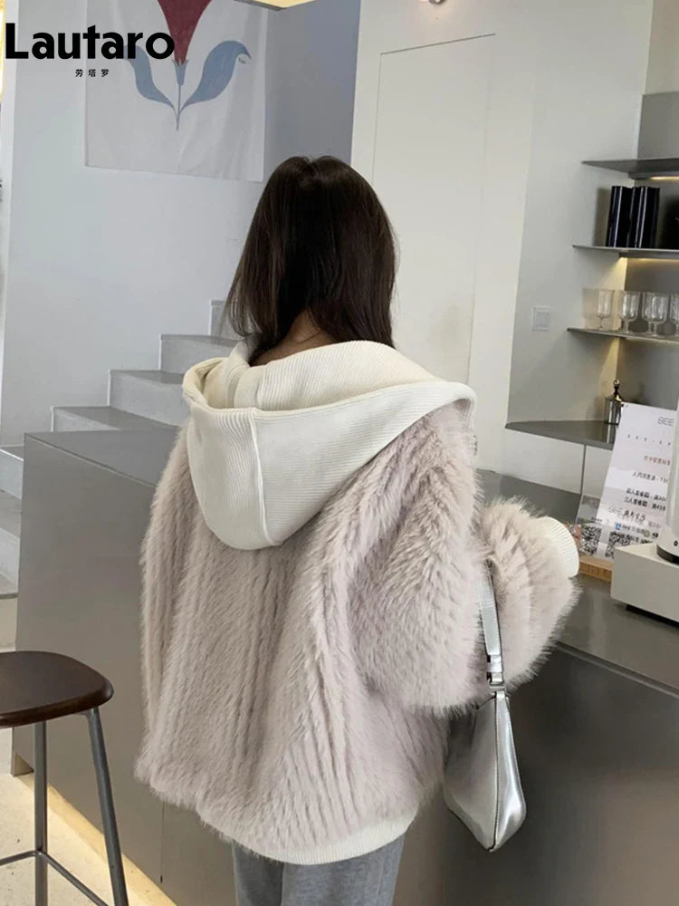 Autumn Winter Loose Casual Hairy Shaggy Soft Warm Faux Fur Coat Women with Hood Long Sleeve Zipper Korean Fashion 2022