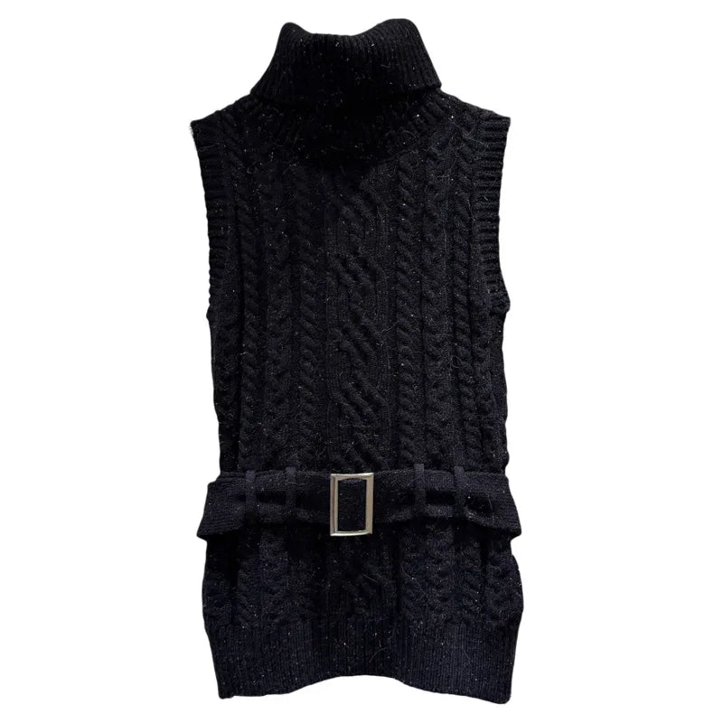 Winter New Fashionable Elegant Jacquard Knitted High Neck Vest With Belt Vest For Women Solid Color Tank Top 11A07949