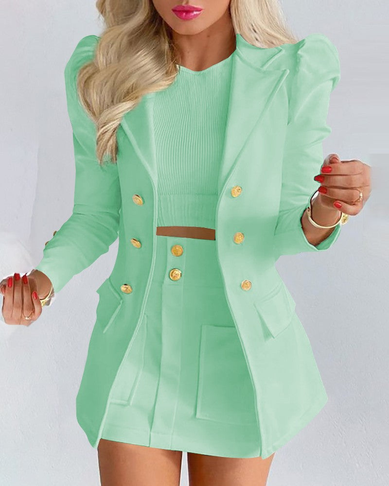 Unique Parts Small Suit Long Sleeve Solid Color Top and Mini Skirt Two Piece Suit Women's Skirt Suit Set Winter Suit for Women D